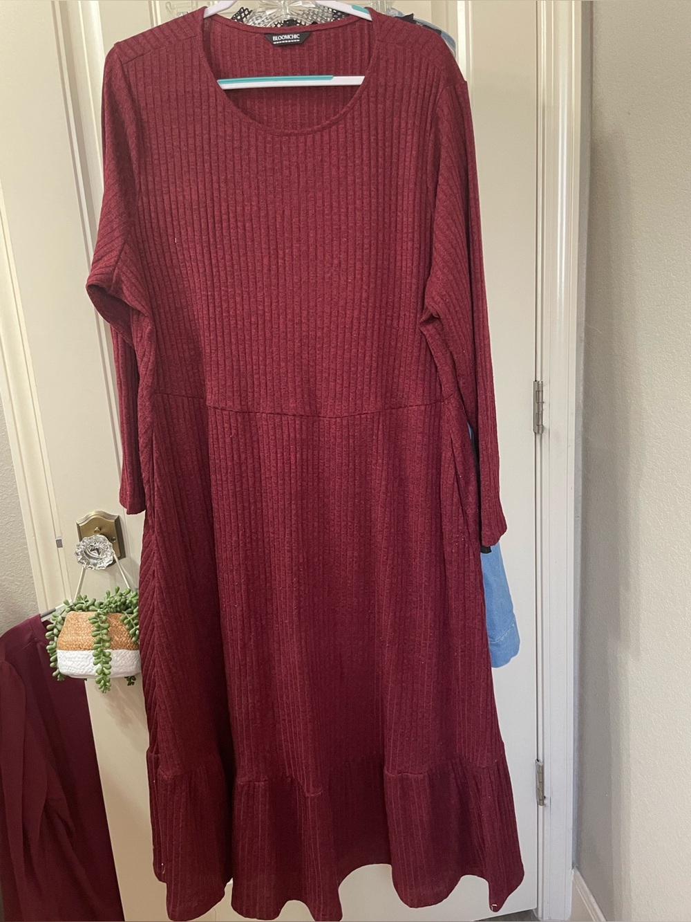 BloomChic Ribbed Long-Sleeve Midi Dress - Burgundy
